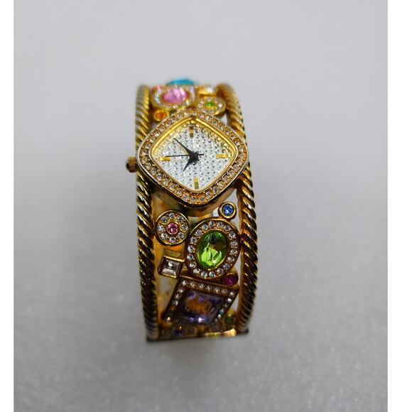 Rainbow Cuff Bangle Gem Crystal Infinity Diwali Gold Gauntlet Bracelet Watch - Picture 7 of 10